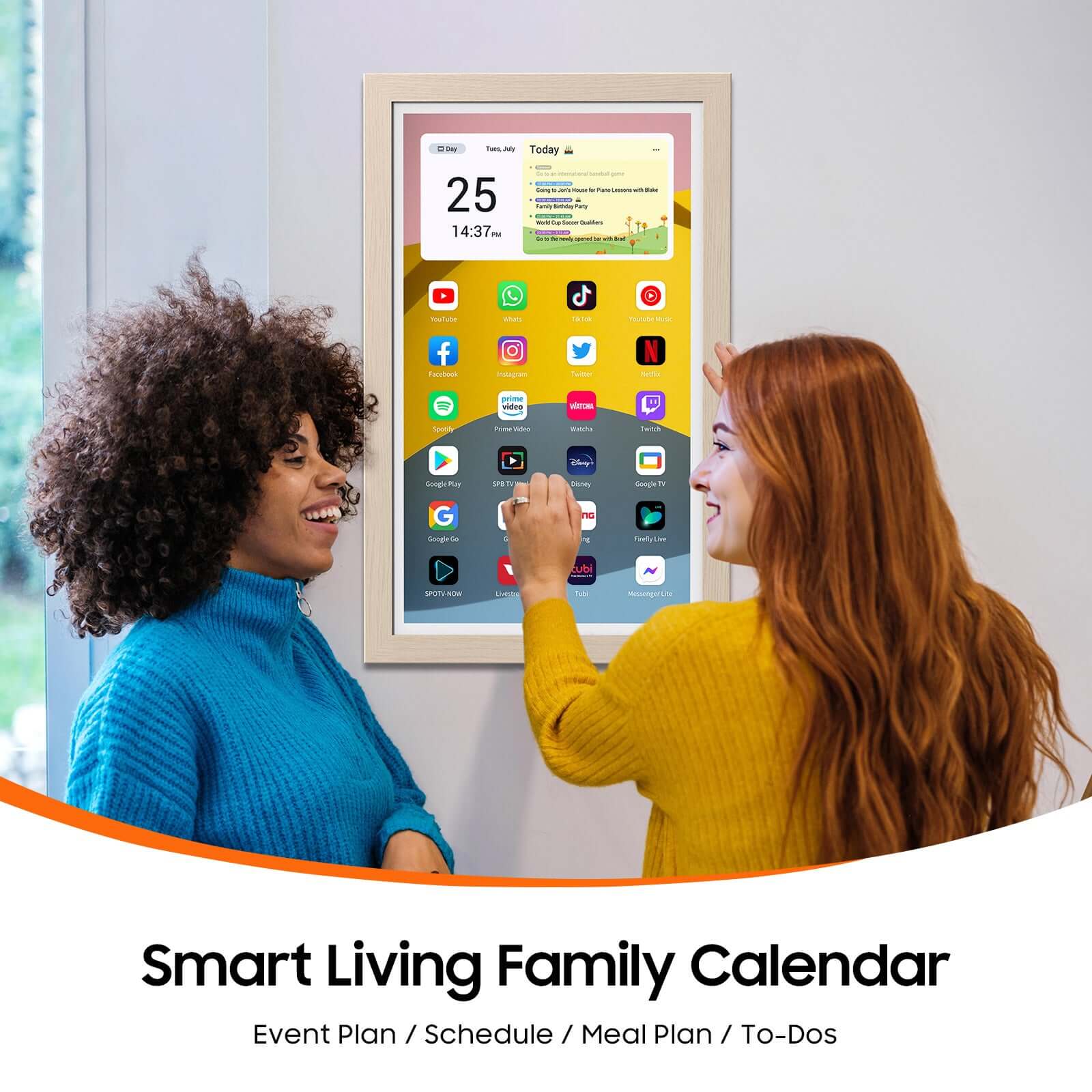 15.6 inch smart digital calendar with app icons and daily events displayed, framed in light wood, used on product page.