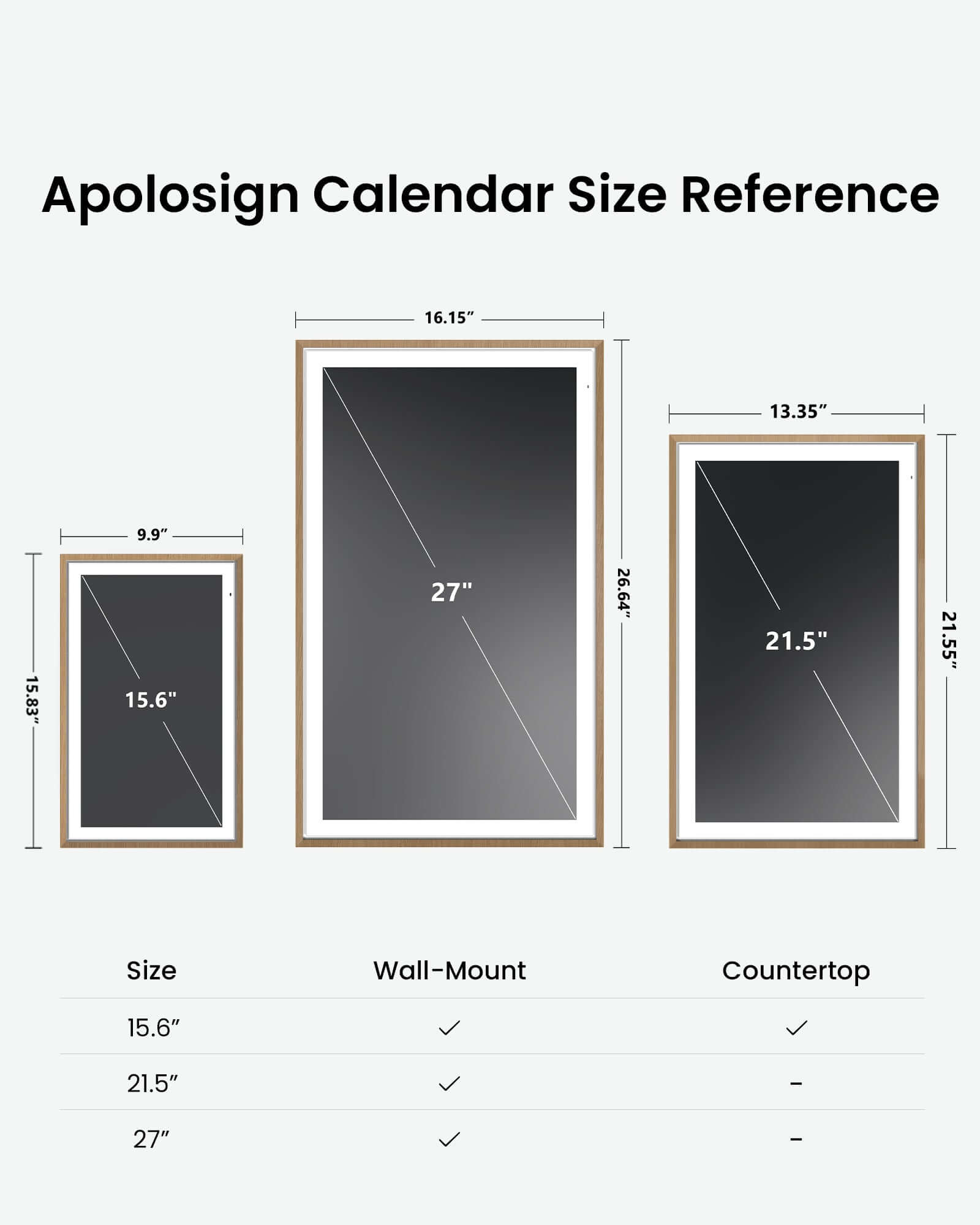 Apolosign digital calendar size comparison chart showing 15.6", 21.5", and 27" models with dimensions and mounting options.
