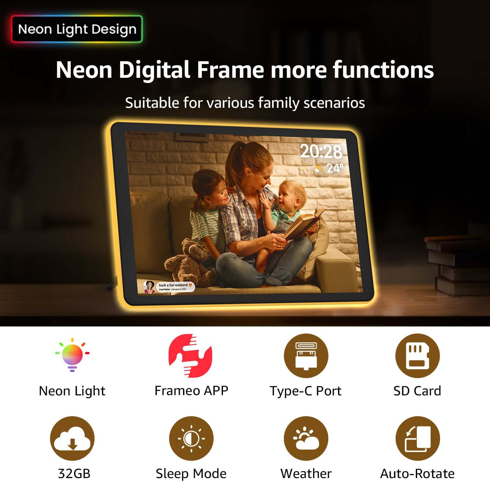 Apolosign 10.1" Neon Digital Photo Frame – AI Color Lighting