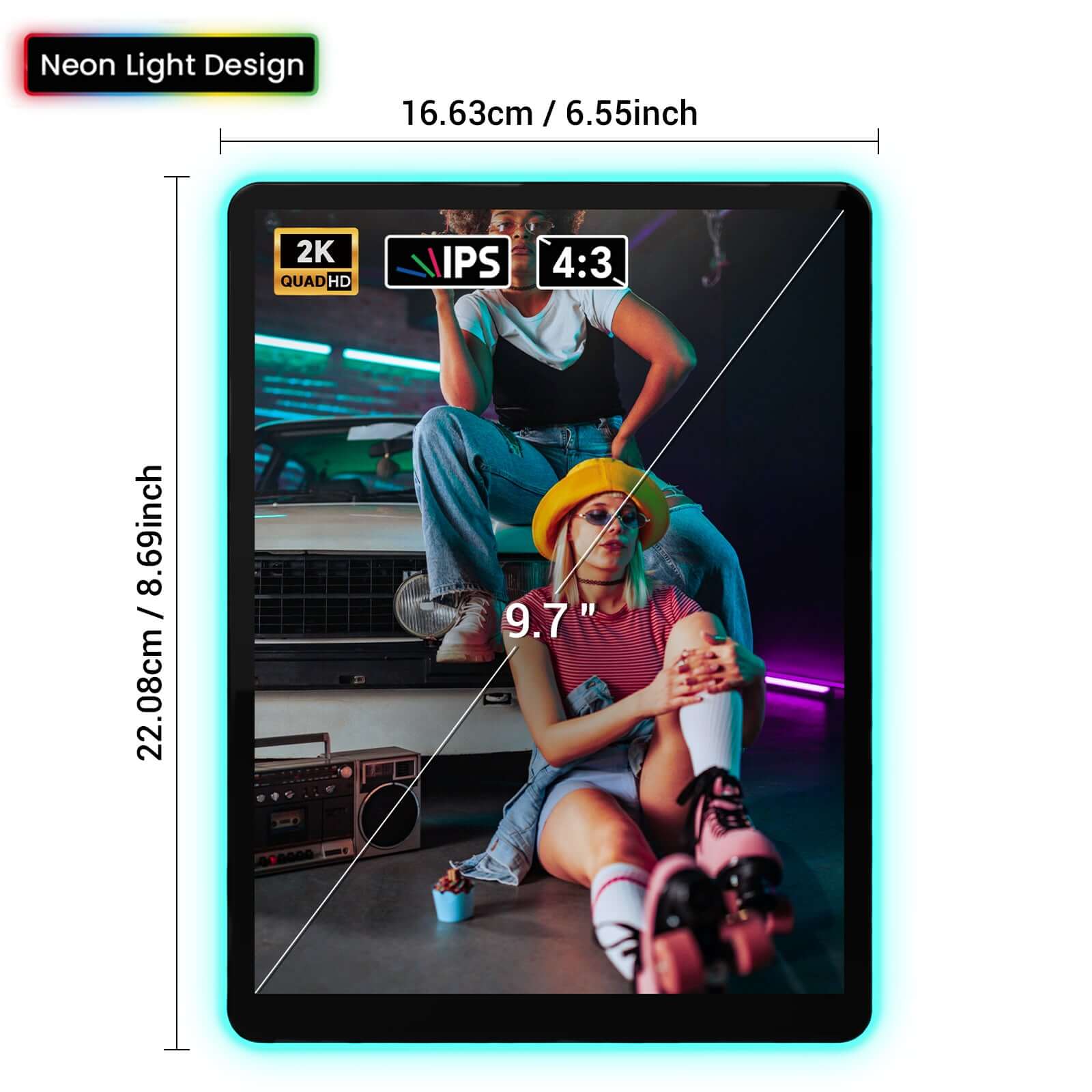Apolosign 10 inch 2K digital photo frame with neon light design, showcasing vibrant display quality.