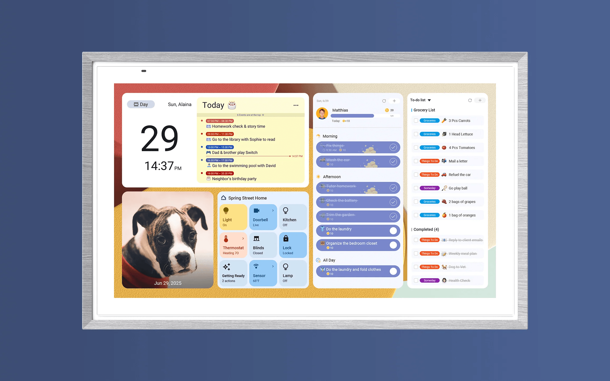 Apolosign digital calendar smart photo frame displaying Android mode interface, integrated smart home controls, daily schedule, photo gallery and family to-do shopping lists