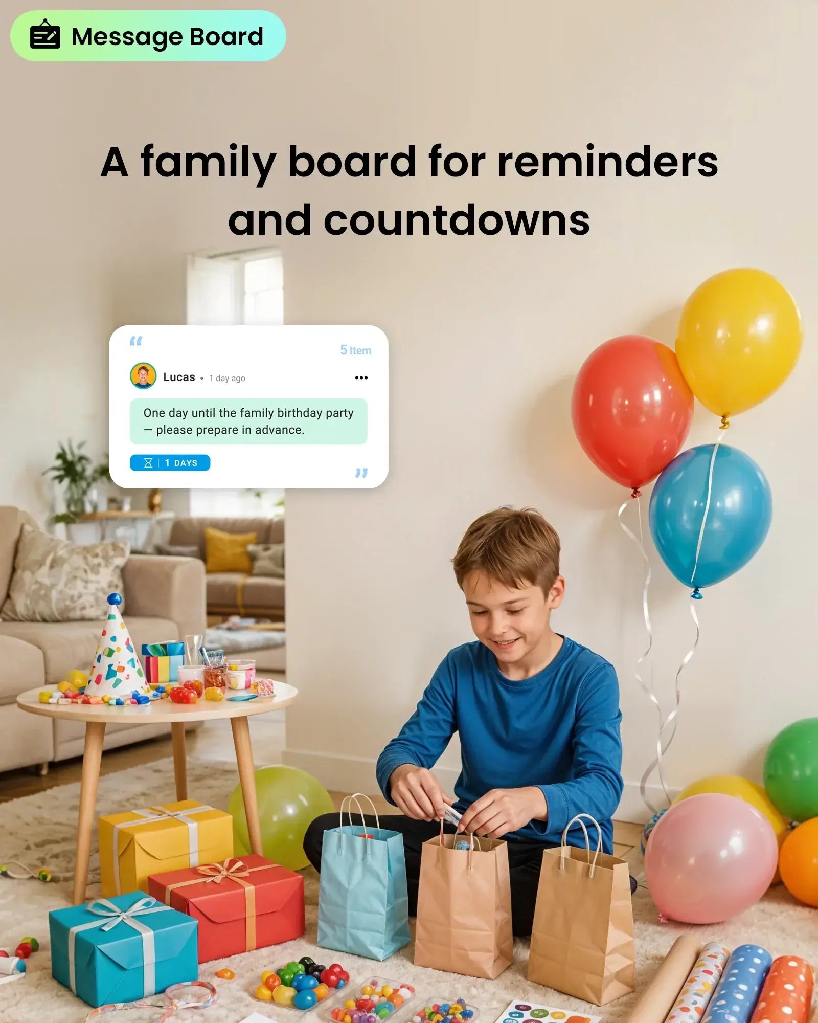 The Apolosign digital calendar uses a message board to leave notes for the family and supports countdowns.