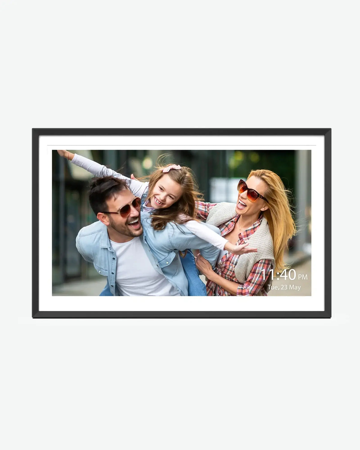 Family enjoying a day outdoors, displayed on the Apolosign 15.6" Digital Photo Frame showcasing joyful moments.