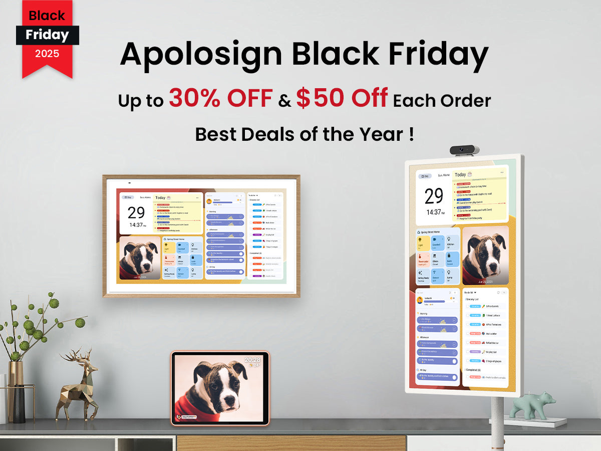 Apolosign Black Friday promotional image featuring various desktop and wall-mounted Digital Calendar products.