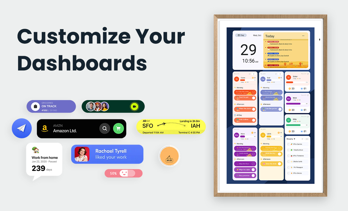 A digital wall calendar in a modern kitchen displaying a family's schedule, helping to visualize and manage household tasks