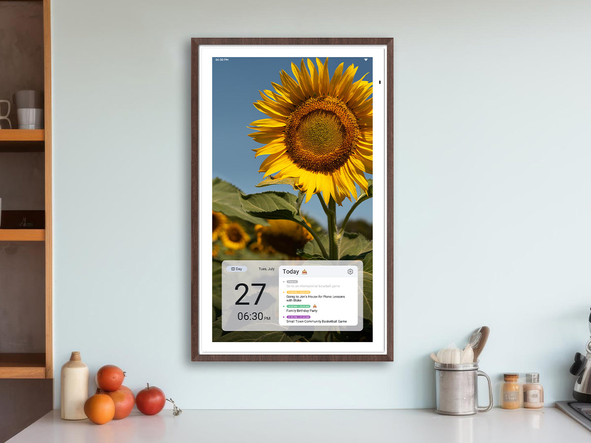 27-inch 4K digital calendar with a vivid sunflower display—ideal for family scheduling. Features ultra-clear 4K resolution and anti-glare matte screen for eye comfort.