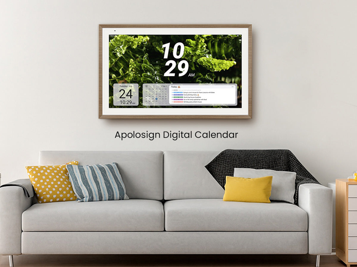 Apolosign Digital Calendar with stylish décor, anti-glare screen, and clear display—perfect for organizing family schedules and routines.