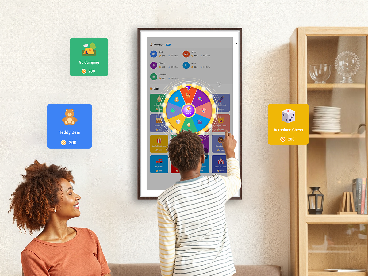 A family using an interactive Digital Calendar displaying a rewards and gifts system.
