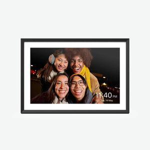 Apolosign 10.1 inch touchscreen digital photo frame displaying four smiling friends with time and date shown