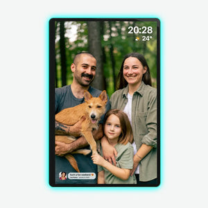 Apolosign 14.1" Neon Light Digital Photo Frame displays family photo with neon blue border. Showcases screen quality.