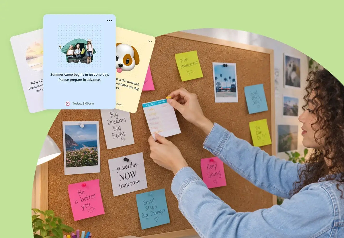 Woman adding a note to a board alongside Apolosign Calendar Stickies for shared family notes, reminders and countdowns.