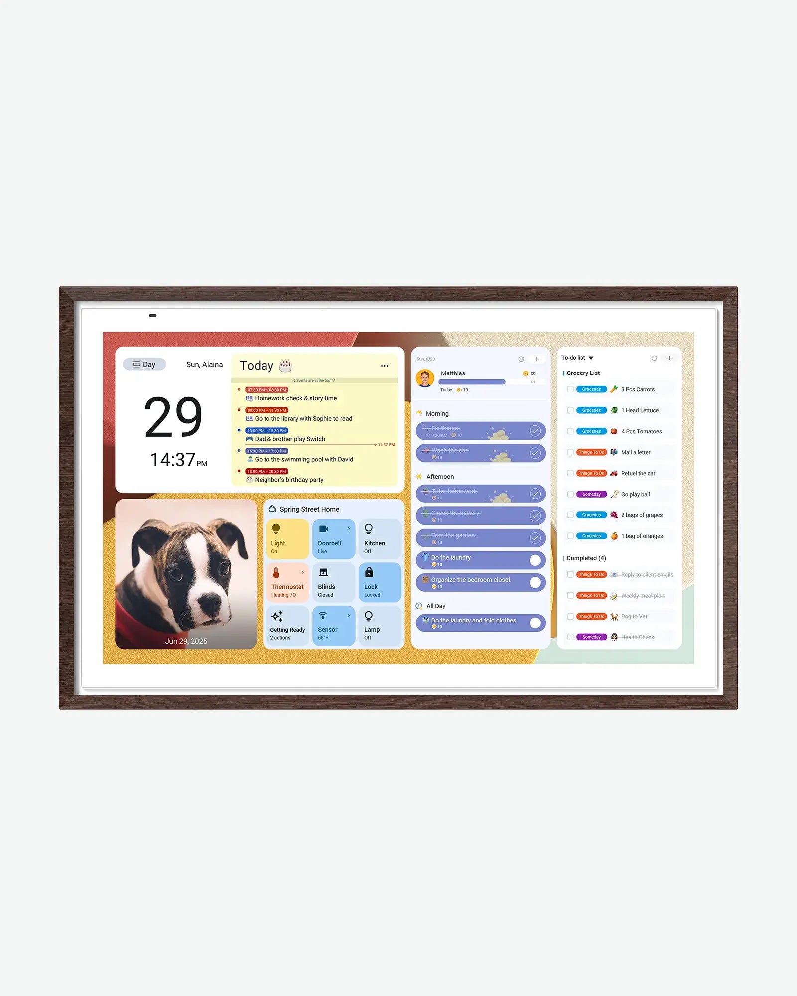 Apolosign 27" 4K digital calendar interface with dog photo, schedule, tasks, and home controls.