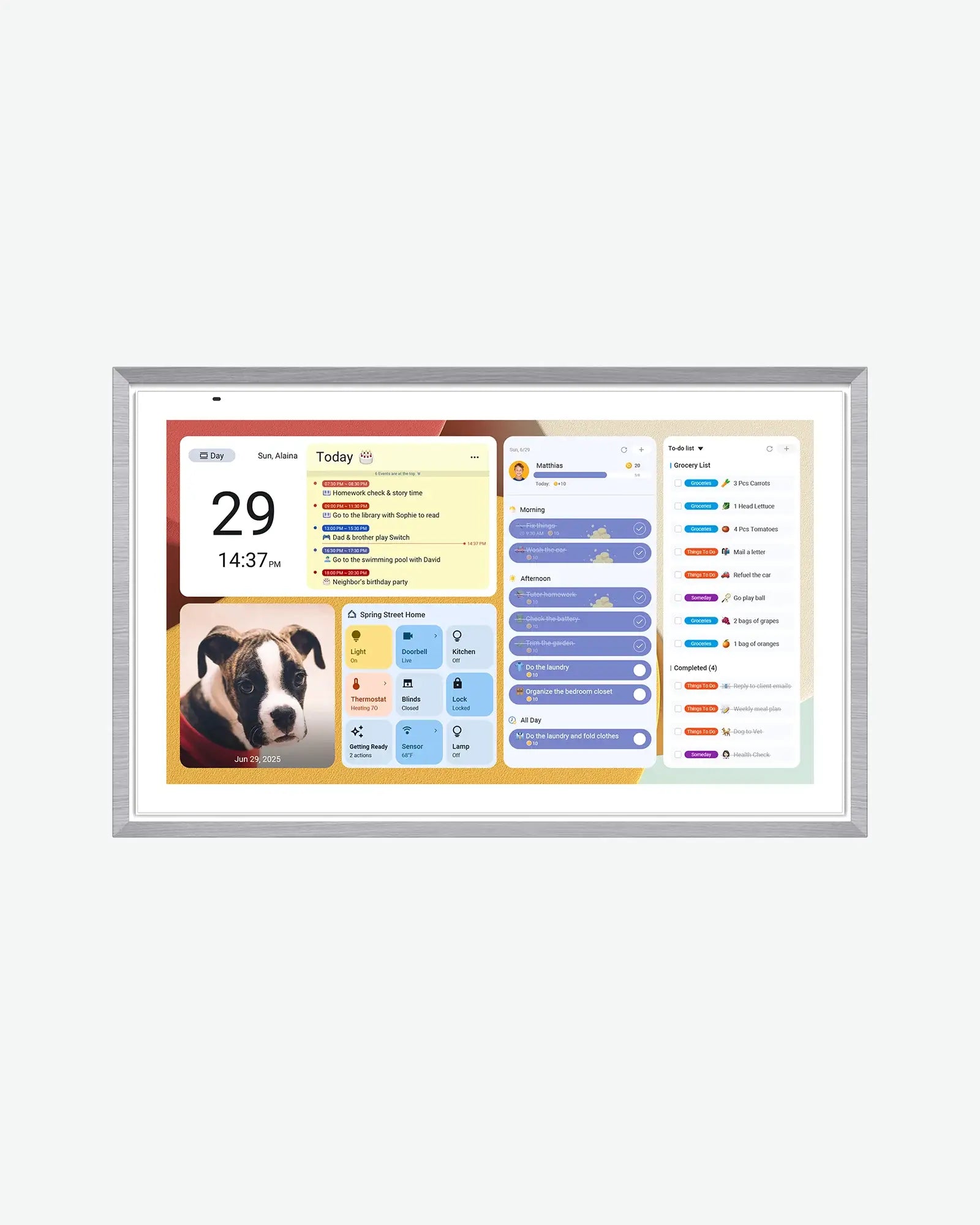 Apolosign 15.6" digital smart display shows date, time, to-do list, dog photo, and smart home controls.