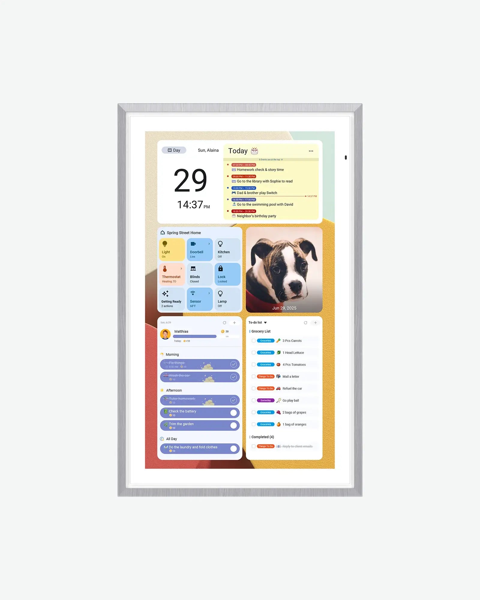 Apolosign 21.5" digital calendar dashboard showing date, time, to-do lists, dog photo, and smart home controls.