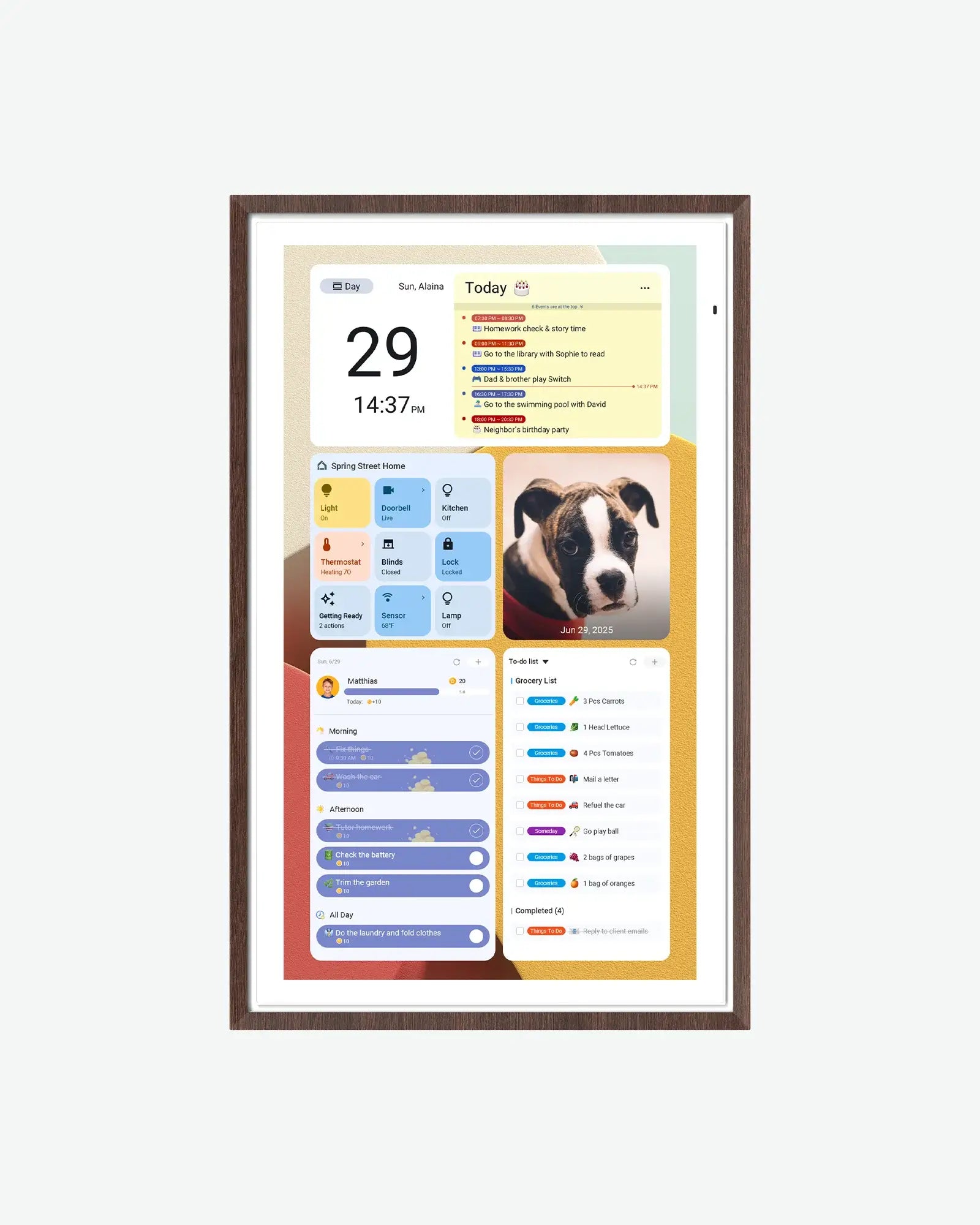 Apolosign 27-inch 4K digital calendar showing weather, tasks, dog photo, and to-do list.