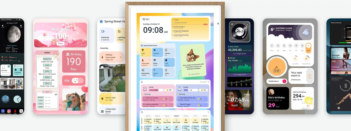 A Digital Calendar smart display in the center surrounded by various customizable widget screens, including weather, stock, fitness, and family countdown displays.