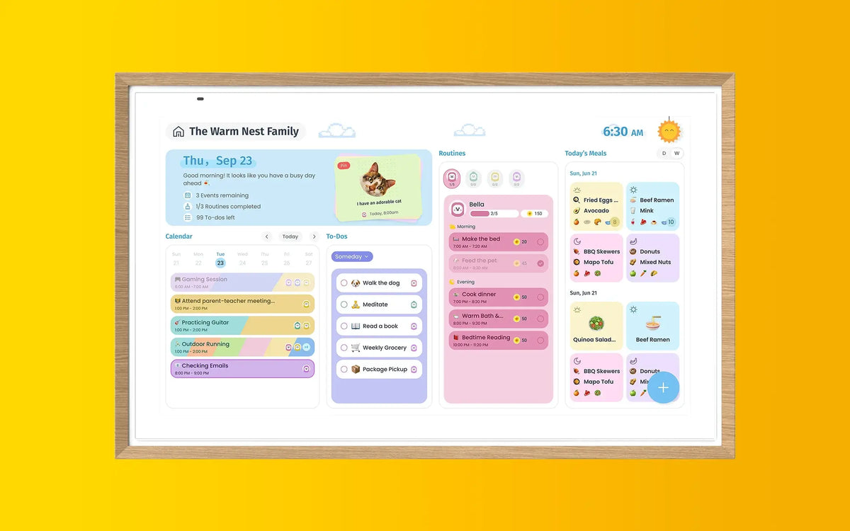 A Digital Calendar smart display showing the family calendar, routines, to-dos, and today's meals for The Warm Nest Family.