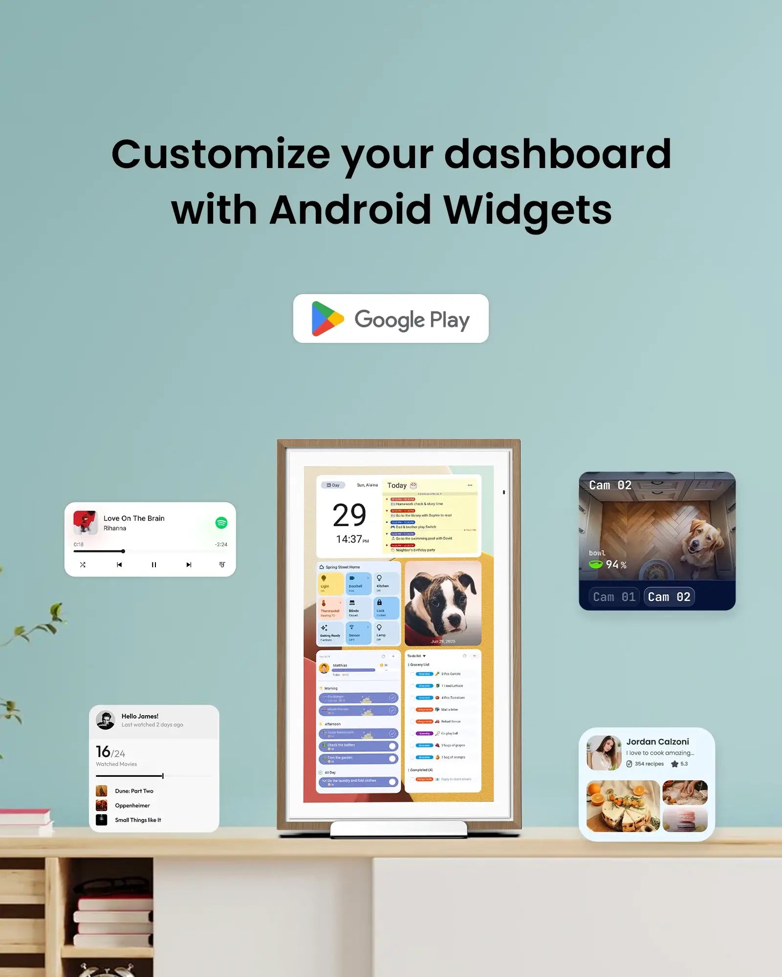 Apolosign 15.6" digital display: calendar, to-do lists, photos, smart home, dog camera, Google Play.