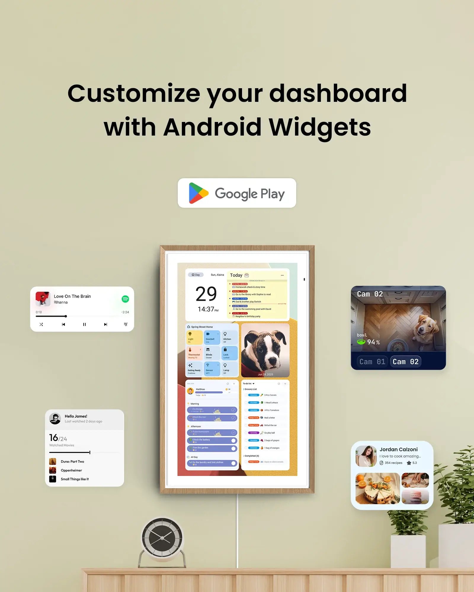 Apolosign 27" digital calendar showcasing customizable Android widgets for weather, photos, and security cameras.