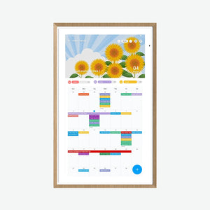 Apolosign 15.6" digital calendar interface displaying a monthly schedule with colorful events and a sunflower background.