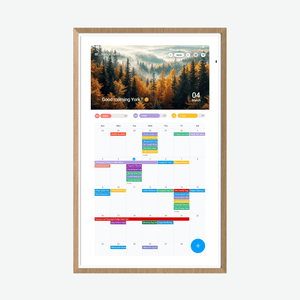 Vertical 21.5" Apolosign digital calendar with wooden frame, displaying landscape photo and March events.