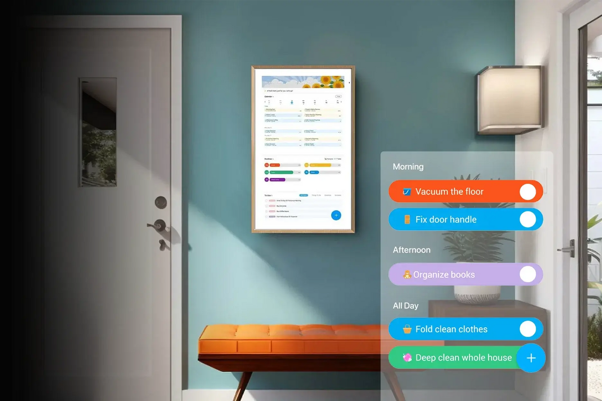 Wall-mounted digital family organizer showing a daily to-do list and home chores.