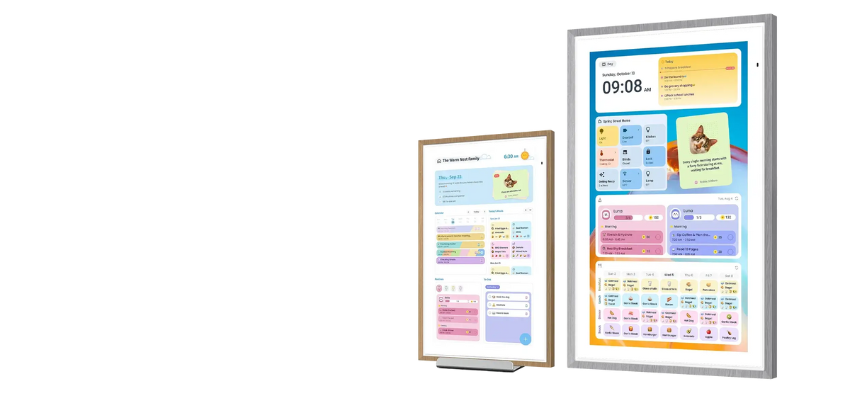 Two Digital Calendar smart displays side by side, showing family schedules, smart home controls, meal plans, routines, and reward tracking.
