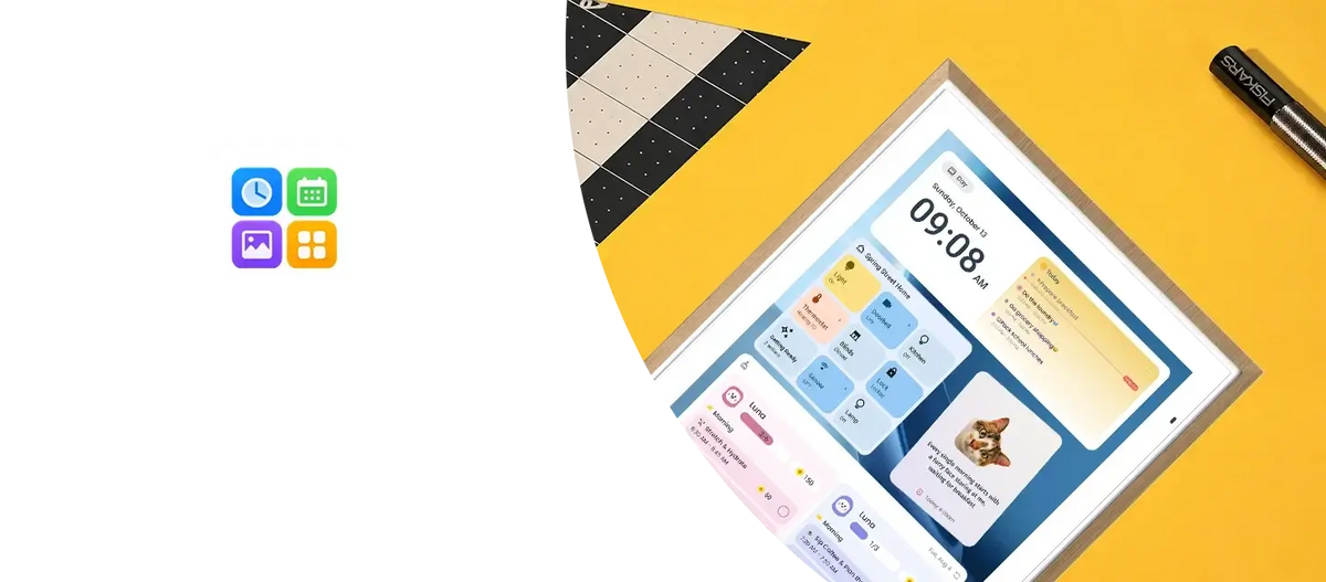 Customizable Android dashboard with task lists, family reminders, media controls and smart home widgets.