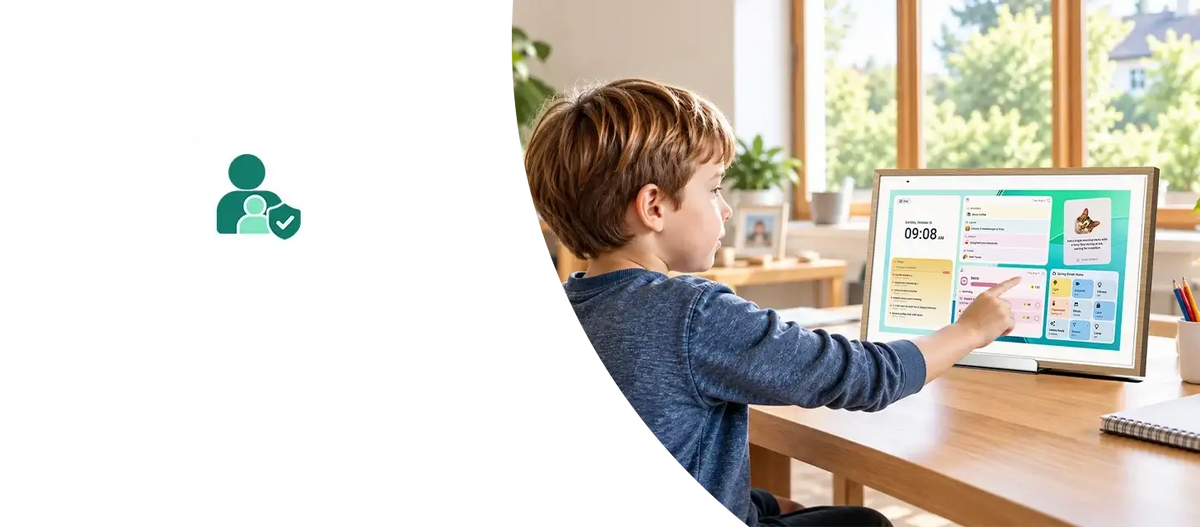 Child using an Apolosign digital calendar beside a parental controls icon, illustrating family screen time management.