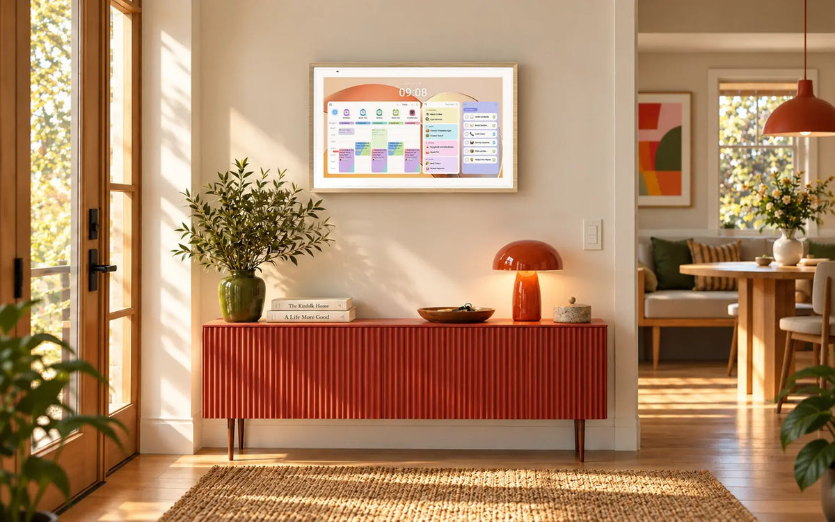 A wall-mounted Digital Calendar displaying a family schedule in a warm living room, above a red sideboard with a lamp and plant.
