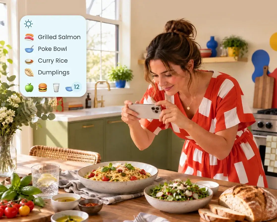 A woman taking a photo of a pasta dish with her smartphone, with a Digital Calendar meal planning list overlay showing dinner ideas.