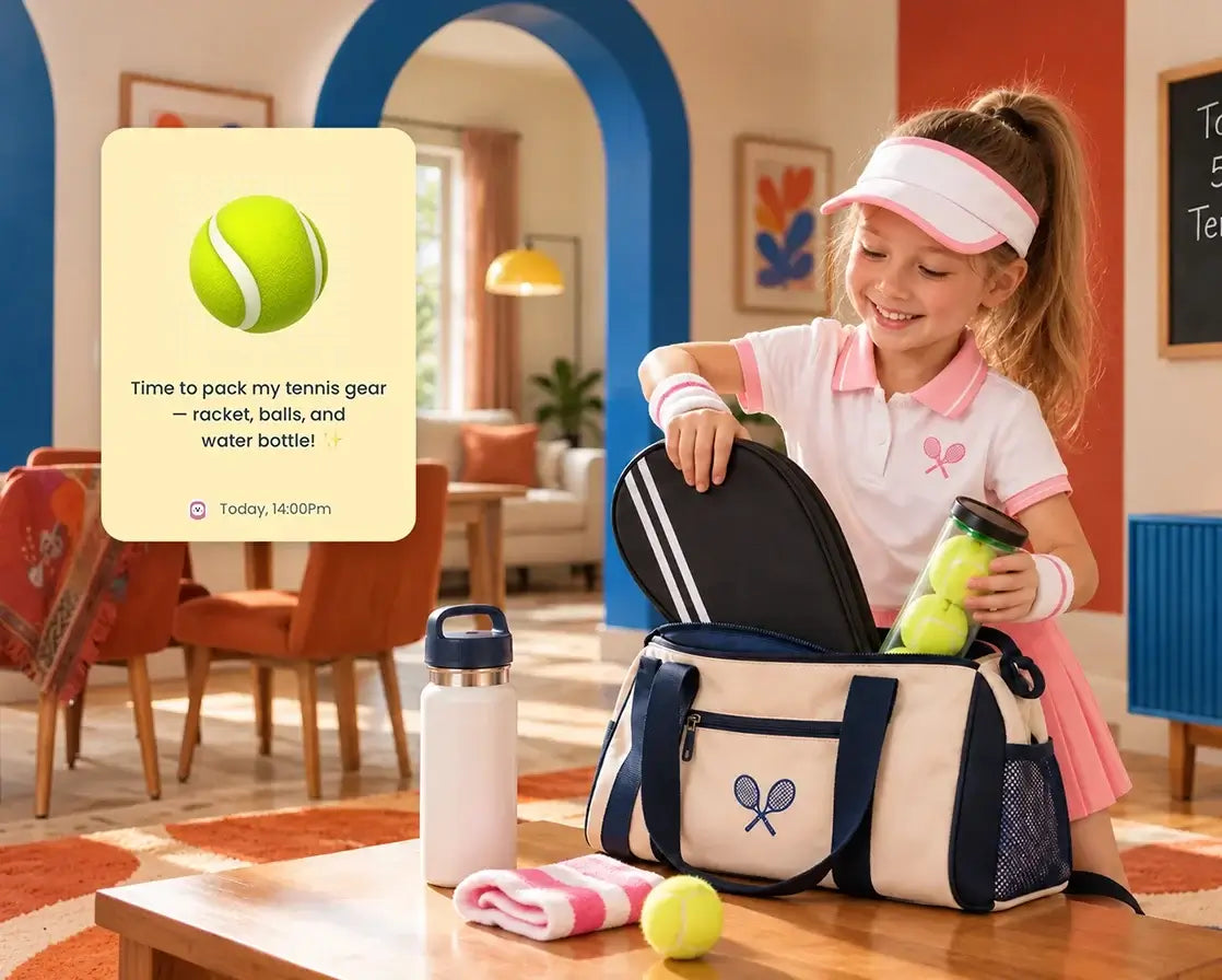 A young girl packing tennis gear into a bag, with a Digital Calendar sticky note overlay reminding her to pack racket, balls, and water bottle.