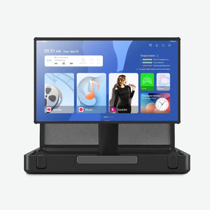 Apolosign PackGo 27" briefcase portable TV with blue interface displaying Movies, Music, and Karaoke apps.