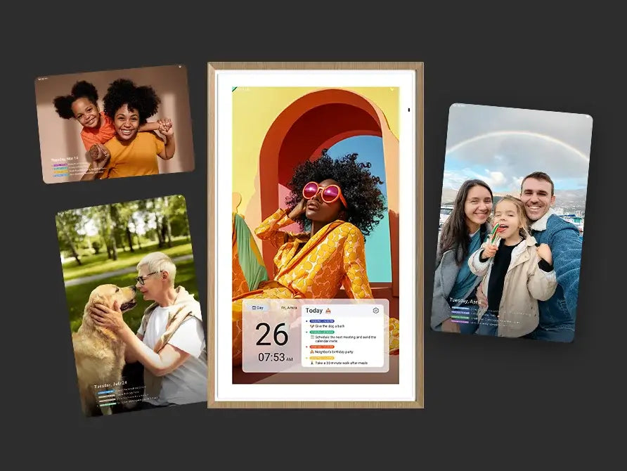 A Digital Calendar device displaying a photo and daily schedule, surrounded by floating photos showing family moments and pets.