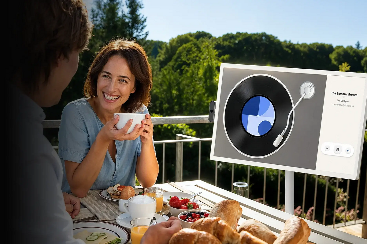 Apolosign portable smart TV plays music on sun‑lit outdoor terrace, couple enjoying brunch with lush green scenery in background