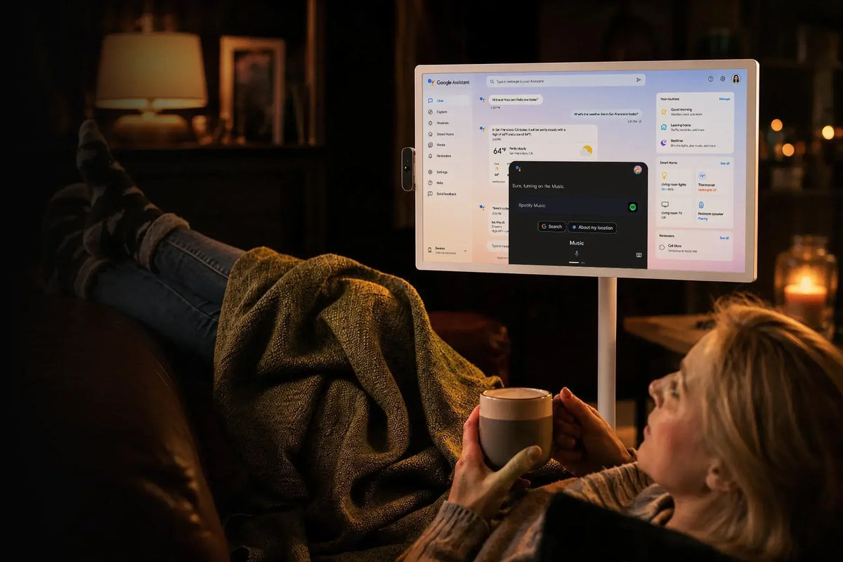 Movable Apolosign portable TV demonstrating Google voice assistant function in dim‑lit home