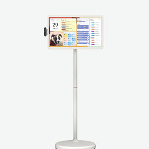 Apolosign 24" smart portable TV on a stand, displaying a family dashboard with calendar and apps. Detachable camera included.