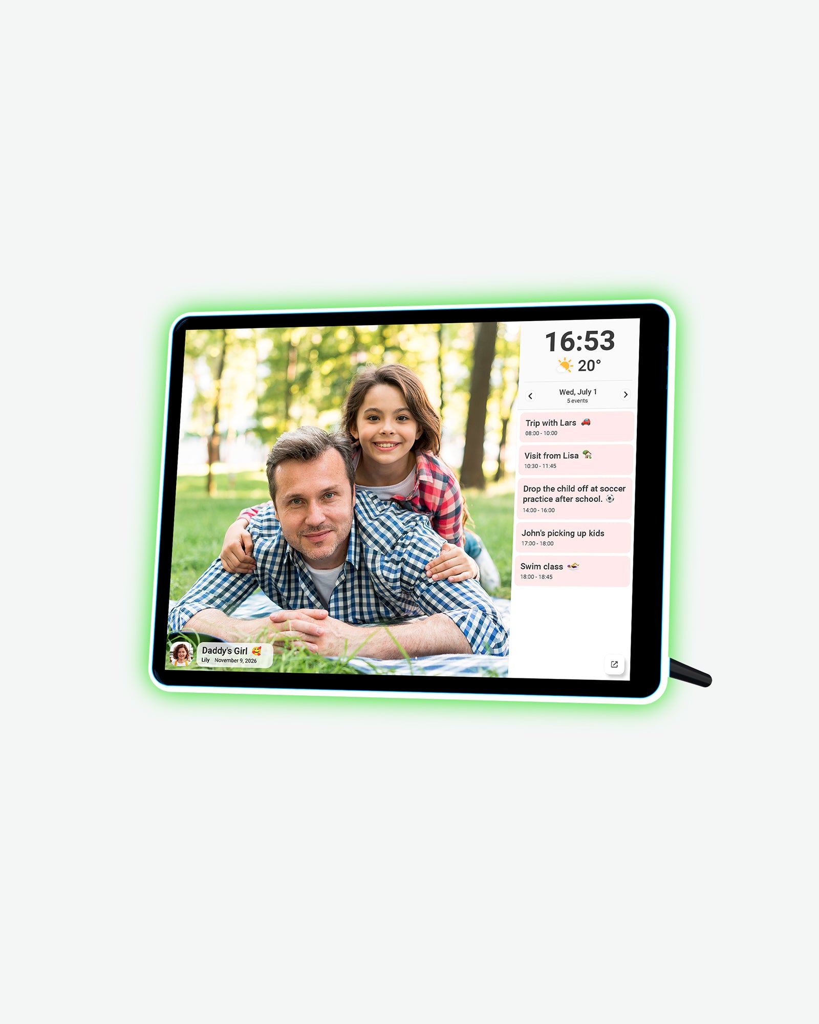 Apolosign 9.7-inch 2K digital photo frame with a purple neon border displaying photos, time, and weather information.