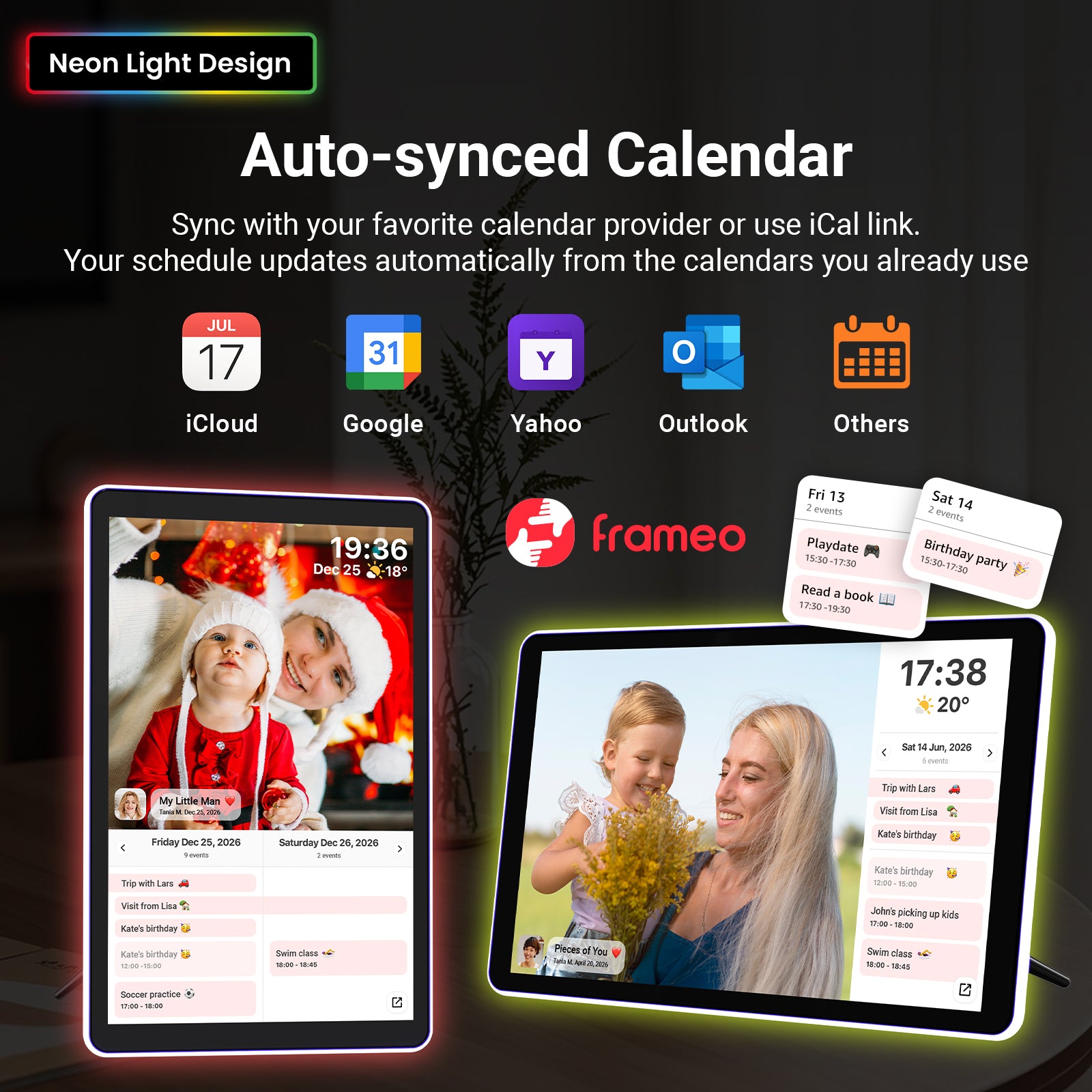 Apolosign 10.1-inch neon light digital photo frame with Frameo app for remote photo and video sharing.