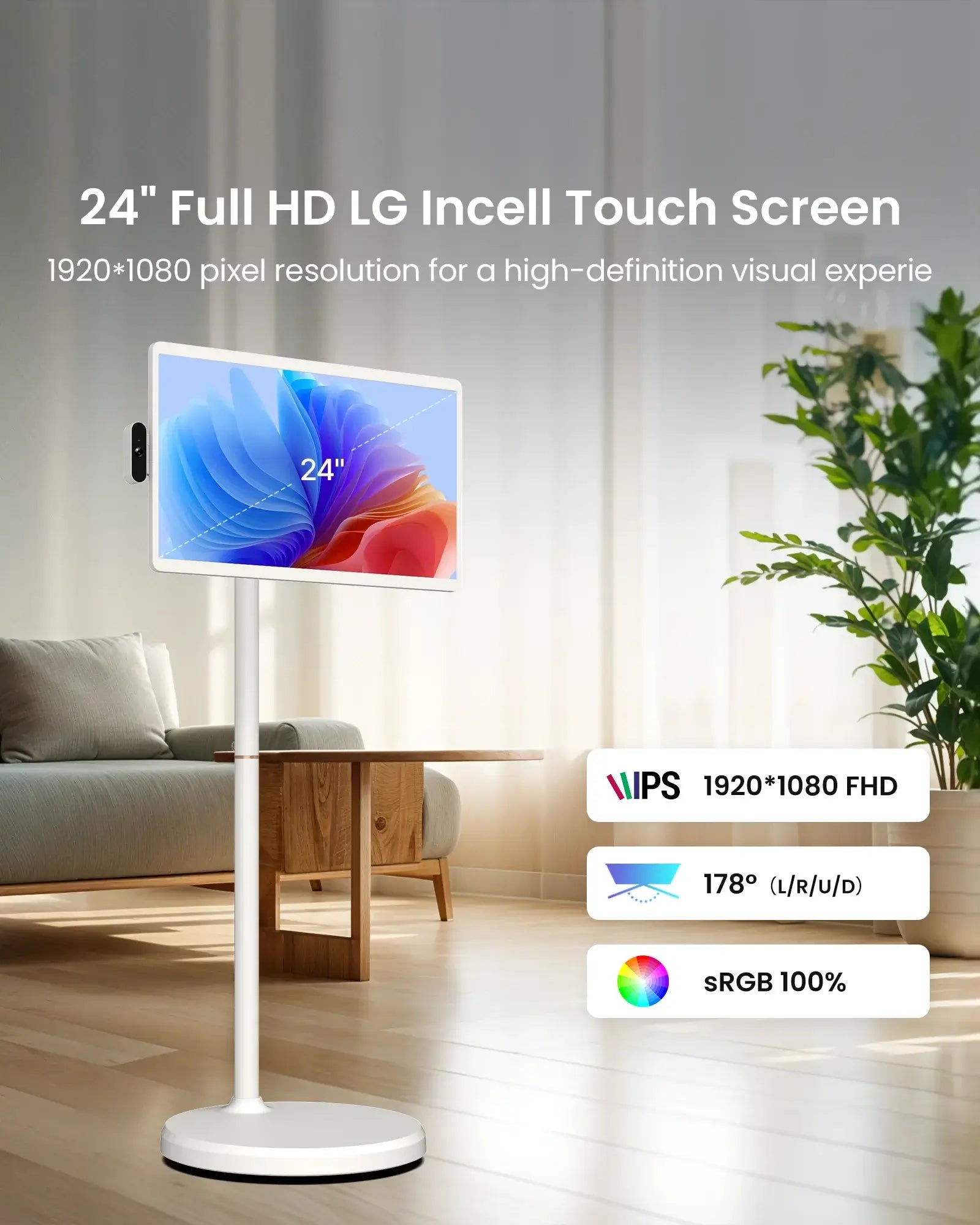 Apolosign 24" smart TV on stand displaying vivid FHD screen with IPS, 178° viewing angle, 100% sRGB.