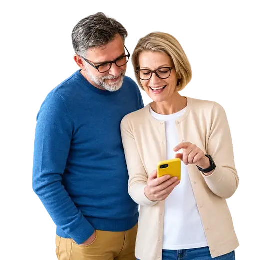 A smiling couple looking at a smartphone together, with text overlay reading "Calendar Sync: Sync Google, iCal, and Outlook — all in one place."