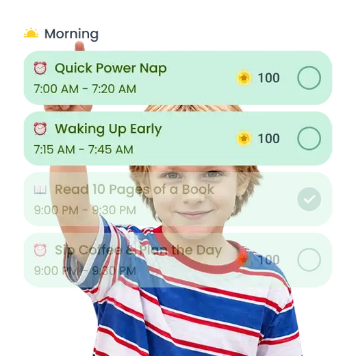 A smiling boy in a striped shirt, with a Digital Calendar overlay showing morning routines and reward points, under the text "Routines & Rewards: Assign Routines & Track Rewards."