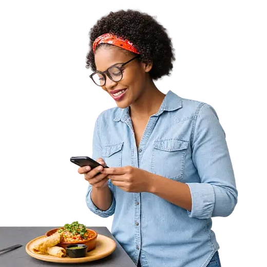 A smiling woman looking at her smartphone next to a plated meal, with text overlay reading "Import Favorite Recipes: Snap a photo or paste a URL to import any meal plan."