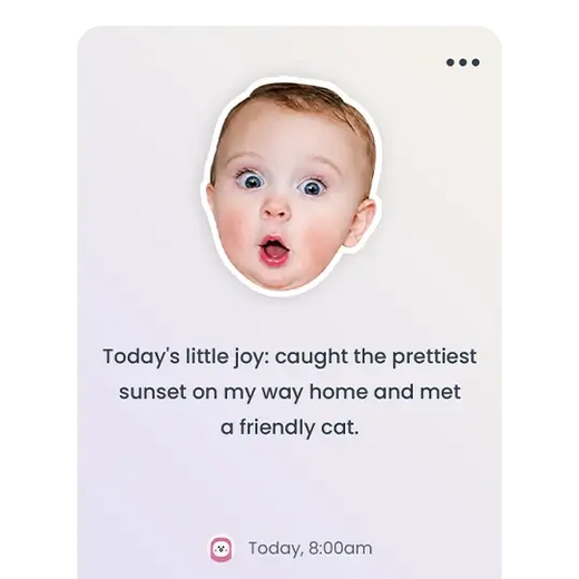A Digital Calendar sticky note featuring a baby's face and a family message, with text overlay reading "Post a Sticky: Post real-time family notes, reminders, and countdowns that everyone can see."