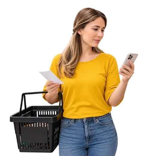 A woman holding a shopping basket and checking her smartphone, with text overlay reading "Manage To-Dos by List: Create color-coded lists for groceries, shopping, and everyday tasks effortlessly."