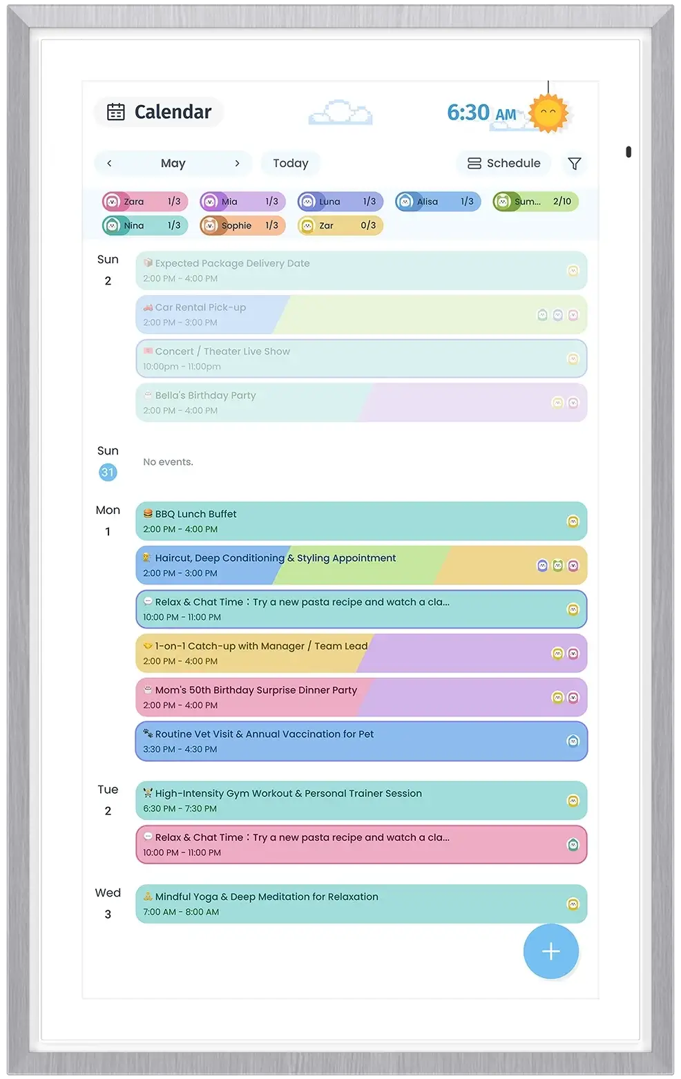 Apolosign Calendar schedule view showing daily family events and appointments color-coded by family member.