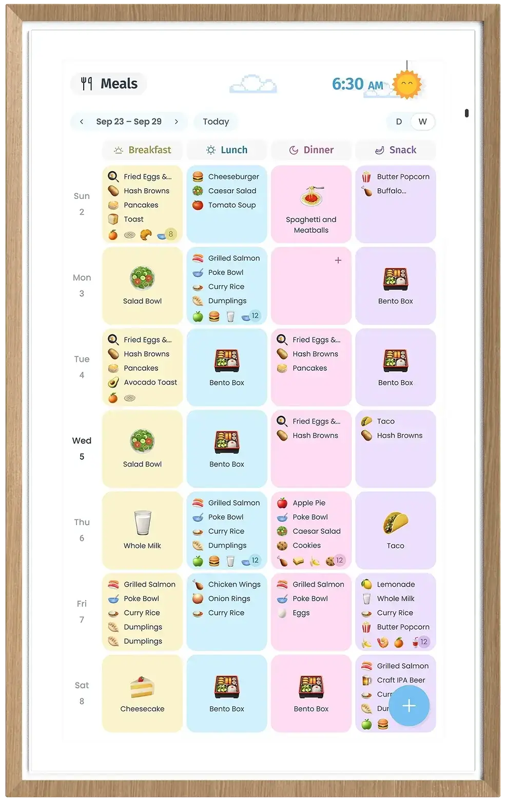 Apolosign Calendar meal planner showing a weekly schedule for breakfast, lunch, dinner and snacks.