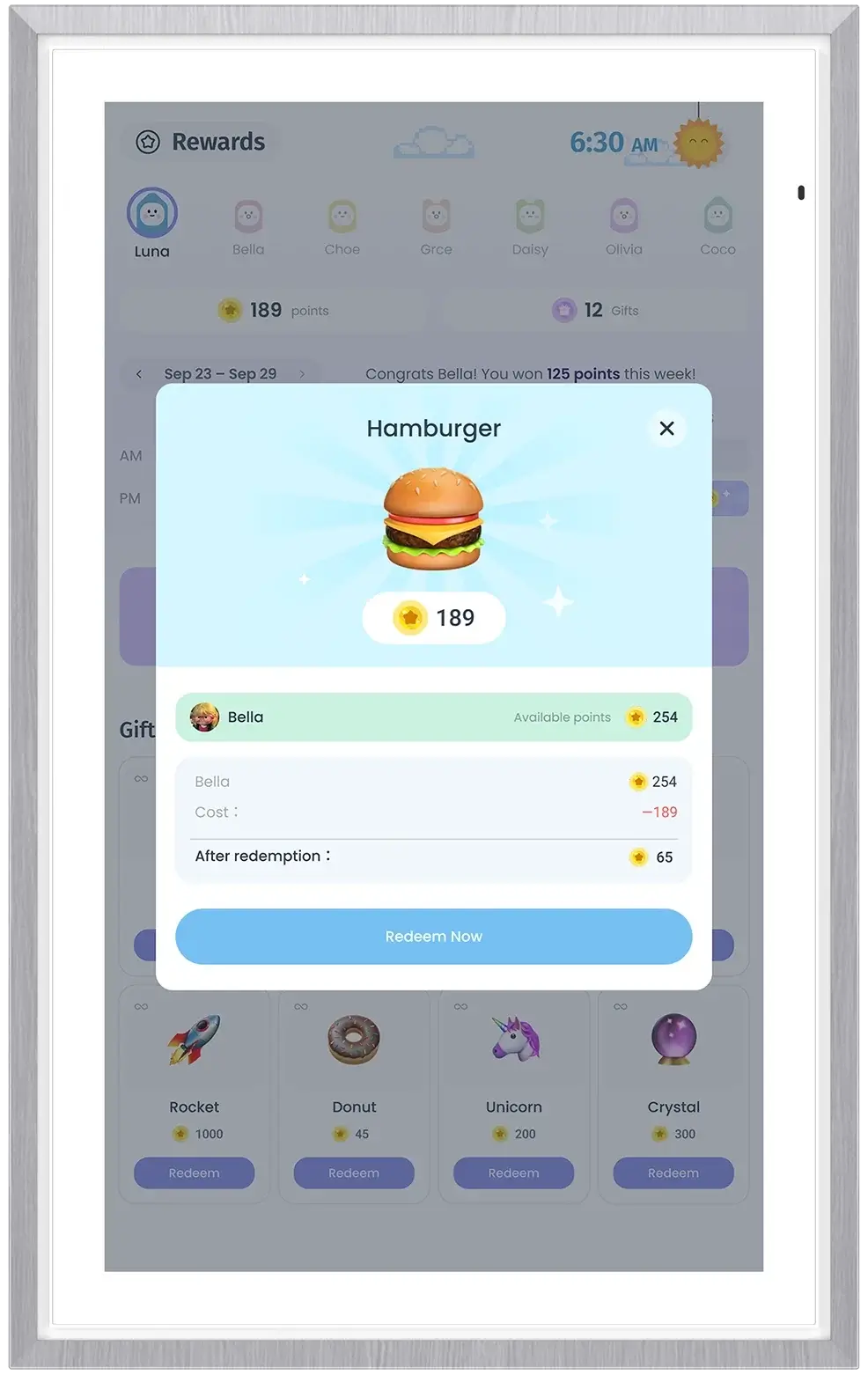 Apolosign Calendar Rewards screen showing points redemption for a hamburger reward.