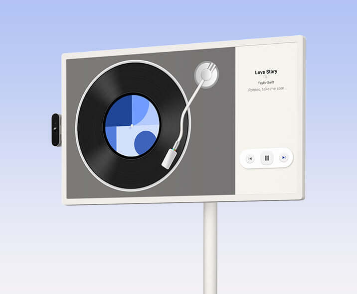 Portable smart screen playing music through its speakers
