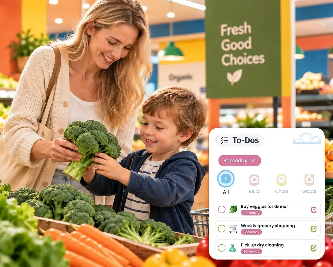 A mother and son shopping for broccoli in a grocery store, with a Digital Calendar to-do list overlay showing tasks like buying vegetables and grocery shopping.